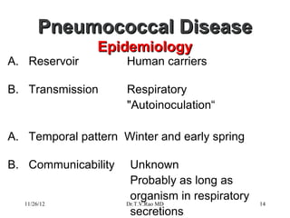 Pneumococcal Disease
                Epidemiology
A. Reservoir         Human carriers

B. Transmission      Respiratory
                     "Autoinoculation“

A. Temporal pattern Winter and early spring

B. Communicability    Unknown
                      Probably as long as
                      organism in respiratory
   11/26/12          Dr.T.V.Rao MD              14
                      secretions
 