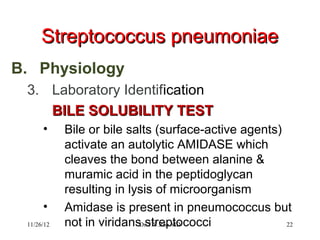 Streptococcus pneumoniae
B. Physiology
 3. Laboratory Identification
    BILE SOLUBILITY TEST
      •     Bile or bile salts (surface-active agents)
            activate an autolytic AMIDASE which
            cleaves the bond between alanine &
            muramic acid in the peptidoglycan
            resulting in lysis of microorganism
      •     Amidase is present in pneumococcus but
 11/26/12   not in viridansDr.T.V.Rao MD
                             streptococci              22
 