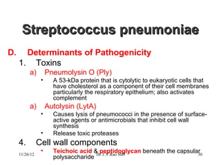 Streptococcus pneumoniae
D.     Determinants of Pathogenicity
     1. Toxins
          a)         Pneumolysin O (Ply)
                 •     A 53-kDa protein that is cytolytic to eukaryotic cells that
                       have cholesterol as a component of their cell membranes
                       particularly the respiratory epithelium; also activates
                       complement
          a)         Autolysin (LytA)
                 •     Causes lysis of pneumococci in the presence of surface-
                       active agents or antimicrobials that inhibit cell wall
                       synthesis
                 •     Release toxic proteases
     4.         Cell wall components
                 •     Teichoic acid & peptidoglycan beneath the capsular
     11/26/12                         Dr.T.V.Rao MD                     30
                       polysaccharide
 