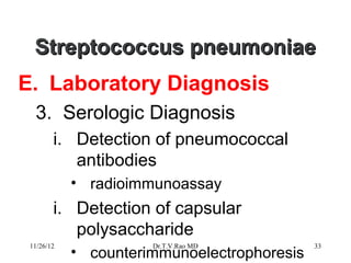 Streptococcus pneumoniae
E. Laboratory Diagnosis
  3. Serologic Diagnosis
        i. Detection of pneumococcal
           antibodies
            • radioimmunoassay
        i. Detection of capsular
           polysaccharide
 11/26/12             Dr.T.V.Rao MD          33
            • counterimmunoelectrophoresis
 