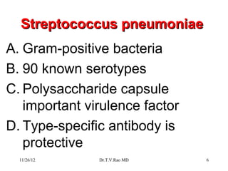 Streptococcus pneumoniae
A. Gram-positive bacteria
B. 90 known serotypes
C. Polysaccharide capsule
   important virulence factor
D. Type-specific antibody is
   protective
  11/26/12     Dr.T.V.Rao MD    6
 