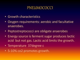 PNEUMOCOCCI
• Growth characteristics
• Oxygen requirements: aerobic and facultative
anaerobes.
• Peptostreptococci are obligate anaerobes
• Energy source is ferment sugar produces lactic
acid but not gas. Lactic acid limits the growth.
• Temperature 37degree c
• 5-10% co2 promotes growth.
 