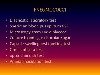 PNEUMOCOCCI
• Diagnostic laboratory test
• Specimen blood pus sputum CSF
• Microscopy gram +ve diplococci
• Culture blood agar chocolate agar
• Capsule swelling test quelling test
• Omni antisera test
• opotochin disk test
• Animal inoculation test
 
