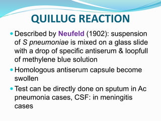 QUILLUG REACTION
 Described by Neufeld (1902): suspension
of S pneumoniae is mixed on a glass slide
with a drop of specific antiserum & loopfull
of methylene blue solution
 Homologous antiserum capsule become
swollen
 Test can be directly done on sputum in Ac
pneumonia cases, CSF: in meningitis
cases
 