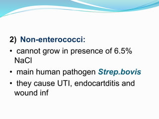 2) Non-enterococci:
• cannot grow in presence of 6.5%
NaCl
• main human pathogen Strep.bovis
• they cause UTI, endocartditis and
wound inf
 