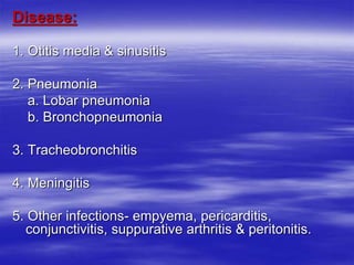 Disease:
1. Otitis media & sinusitis
2. Pneumonia
a. Lobar pneumonia
b. Bronchopneumonia
3. Tracheobronchitis
4. Meningitis
5. Other infections- empyema, pericarditis,
conjunctivitis, suppurative arthritis & peritonitis.
 