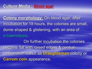 Culture Media : Blood agar
Colony morphology: On blood agar, after
incubation for 18 hours, the colonies are small,
dome shaped & glistening, with an area of
α-haemolysis.
On further incubation the colonies
become flat with raised edges & central
umbonation called as Draughtsman colony or
Carrom coin appearance.
 