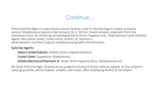 Continue…
Strep Selective Agar is a specialized culture medium used in microbiology to isolate and grow
various Streptococcus species (like Group A, B, C, D) from mixed samples, especially from the
respiratory tract, by inhibiting competing bacteria (Gram-negative rods, Staphylococci) with selective
agents like sodium azide, crystal violet, colistin, or neomycin,
while blood or nutrients support streptococcal growth and hemolysis.
Selective Agents:
Sodium Azide/Sulphite: Inhibits Gram-negative bacteria.
Crystal Violet: Suppresses Staphylococci.
Colistin/Neomycin/Polymyxin B: Target Gram-negative flora, Pseudomonas etc.
On Strep Selective Agar, Streptococcus pyogenes (Group A Strep) colonies appear as tiny, pinpoint-
sized, gray-white, dome-shaped, smooth, and moist, often displaying distinct β-hemolysis.
 