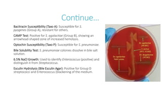 Continue…
Bacitracin Susceptibility (Taxo A): Susceptible for S.
pyogenes (Group A), resistant for others.
CAMP Test: Positive for S. agalactiae (Group B), showing an
arrowhead-shaped zone of increased hemolysis.
Optochin Susceptibility (Taxo P): Susceptible for S. pneumoniae.
Bile Solubility Test: S. pneumoniae colonies dissolve in bile salt
solution.
6.5% NaCl Growth: Used to identify Enterococcus (positive) and
distinguish it from Streptococcus.
Esculin Hydrolysis (Bile Esculin Agar): Positive for Group D
streptococci and Enterococcus (blackening of the medium.
 