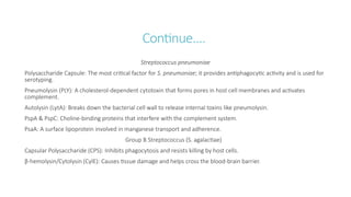Continue….
Streptococcus pneumoniae
Polysaccharide Capsule: The most critical factor for S. pneumoniae; it provides antiphagocytic activity and is used for
serotyping.
Pneumolysin (PLY): A cholesterol-dependent cytotoxin that forms pores in host cell membranes and activates
complement.
Autolysin (LytA): Breaks down the bacterial cell wall to release internal toxins like pneumolysin.
PspA & PspC: Choline-binding proteins that interfere with the complement system.
PsaA: A surface lipoprotein involved in manganese transport and adherence.
Group B Streptococcus (S. agalactiae)
Capsular Polysaccharide (CPS): Inhibits phagocytosis and resists killing by host cells.
β-hemolysin/Cytolysin (CylE): Causes tissue damage and helps cross the blood-brain barrier.
 