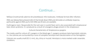 Continue…
NADase (nicotinamide adenine dinucleotidease): Kills leukocytes. Antibody formed after infection.
DNA-ase (deoxyribonuclease) A,B,C,D that break down DNA and stimulate an antibody response,
particularly against DNA-ase B, Anti-DNA-ase B tests are available.
Erythrogenic toxin: Responsible for the rash seen in scarlet fever and is also associated with streptococcal
toxic shock syndrome. It is produced as a result of a lysogenic phage present in the streptococci.
Cultural characteristics of Streptococcus pyogens
The media used for culture of S. pyogens is the blood agar. S. pyogens produces beta haemolytic colonies,
i.e. the colonies are surrounded by a zone of complete hemolysis with decolorization of the hemoglobin.
Colonies are usually small (0.5-1 mm), dry, shiny or mucoid. Hemolysis is more marked under anaerobic
conditions.
 