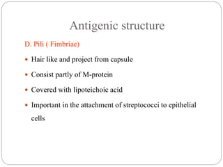 Antigenic structure
D. Pili ( Fimbriae)
 Hair like and project from capsule
 Consist partly of M-protein
 Covered with lipoteichoic acid
 Important in the attachment of streptococci to epithelial
cells
 