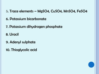 5. Trace elements – MgSO4, CuSO4, MnSO4, FeSO4
6. Potassium bicarbonate
7. Potassium dihydrogen phosphate
8. Uracil
9. Adenyl sulphate
10. Thioglycolic acid
 
