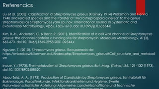 Referencias
Liu et al. (2005). Classification of Streptomyces griseus (Krainsky 1914) Waksman and Henrici
1948 and related species and the transfer of ‘Microstreptospora cinerea’ to the genus
Streptomyces as Streptomyces yanii sp. nov. International Journal of Systematic and
Evolutionary Microbiology, 4(55), 1605-1610. doi:10.1099/ijs.0.63654-0
Kim, B.‐H., Andersen, C. & Benz, R. (2001). Identification of a cell wall channel of Streptomyces
griseus: the channel contains a binding site for streptomycin. Molecular Microbiology, 41(3),
665-673. doi:10.1046/j.1365-2958.2001.02544.x
Nguyen, T. (2010). Streptomyces griseus. Recuperado de:
https://microbewiki.kenyon.edu/index.php/Streptomyces_griseus#Cell_structure_and_metaboli
sm
Inoue, Y. (1973). The metabolism of Streptomyces griseus. Bot. Mag. (Tokyo), 86, 121–132 (1973).
doi:10.1007/BF02488520
Abou-Zeid, A. A. (1973). Production of Candicidin by Streptomyces griseus. Zentralblatt für
Bakteriologie, Parasitenkunde, Infektionskrankheiten und Hygiene. Zweite
Naturwissenschaftliche Abteilung: Allgemeine, Landwirtschaftliche und Technische
 