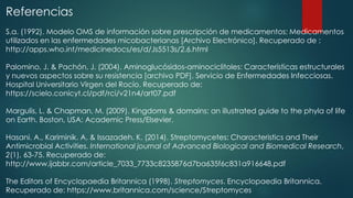 Referencias
S.a. (1992). Modelo OMS de información sobre prescripción de medicamentos: Medicamentos
utilizados en las enfermedades micobacterianas [Archivo Electrónico]. Recuperado de :
http://apps.who.int/medicinedocs/es/d/Js5513s/2.6.html
Palomino, J. & Pachón, J. (2004). Aminoglucósidos-aminociclitoles: Características estructurales
y nuevos aspectos sobre su resistencia [archivo PDF]. Servicio de Enfermedades Infecciosas.
Hospital Universitario Virgen del Rocío. Recuperado de:
https://scielo.conicyt.cl/pdf/rci/v21n4/art07.pdf
Margulis, L. & Chapman, M. (2009). Kingdoms & domains: an illustrated guide to the phyla of life
on Earth. Boston, USA: Academic Press/Elsevier.
Hasani. A., Kariminik. A. & Issazadeh. K. (2014). Streptomycetes: Characteristics and Their
Antimicrobial Activities. International journal of Advanced Biological and Biomedical Research,
2(1), 63-75. Recuperado de:
http://www.ijabbr.com/article_7033_7733c8235876d7ba635f6c831a916648.pdf
The Editors of Encyclopaedia Britannica (1998). Streptomyces. Encyclopaedia Britannica.
Recuperado de: https://www.britannica.com/science/Streptomyces
 