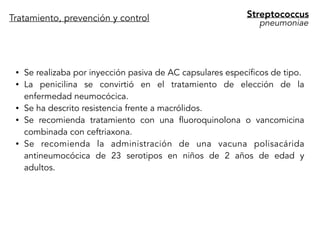 Tratamiento, prevención y control Streptococcus
pneumoniae
• Se realizaba por inyección pasiva de AC capsulares específicos de tipo.
• La penicilina se convirtió en el tratamiento de elección de la
enfermedad neumocócica.
• Se ha descrito resistencia frente a macrólidos.
• Se recomienda tratamiento con una fluoroquinolona o vancomicina
combinada con ceftriaxona.
• Se recomienda la administración de una vacuna polisacárida
antineumocócica de 23 serotipos en niños de 2 años de edad y
adultos.
 