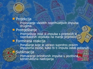 Projekcija Pripisivanje vlastitih neprihvatljivih impulsa drugima. Premještanje Premještaje misli ili impulsa s prijetećih ili neprikaldnih objekata na manje prijeteće Formirana reakcija Ponašanje koje je upravo suprotno pravim impulsima osobe, kako bi ti impulsi ostali potisnuti Sublimacija Pretvaranje primitivnih impulsa u pozitivna, konstruktivna nastojanja 