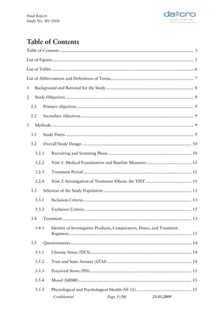 Final Report
Study No. M1-2008




Table of Contents
Table of Contents .................................................................................................................. 3

List of Figures ........................................................................................................................ 5

List of Tables ......................................................................................................................... 6

List of Abbreviations and Definitions of Terms....................................................................... 7

1     Background and Rational for the Study ........................................................................... 8

2     Study Objectives ............................................................................................................. 9

    2.1      Primary objectives .................................................................................................... 9

    2.2      Secondary objectives ................................................................................................ 9

3     Methods ......................................................................................................................... 9

    3.1      Study Dates ............................................................................................................. 9

    3.2      Overall Study Design ............................................................................................. 10

      3.2.1         Recruiting and Screening Phase ....................................................................... 10

      3.2.2         Visit 1: Medical Examination and Baseline Measures ...................................... 11

      3.2.3         Treatment Period ............................................................................................ 11

      3.2.4         Visit 2: Investigation of Treatment Effects: the TSST ....................................... 11

    3.3      Selection of the Study Population ........................................................................... 13

      3.3.1         Inclusion Criteria ............................................................................................ 13

      3.3.2         Exclusion Criteria ........................................................................................... 13

    3.4      Treatment .............................................................................................................. 13

      3.4.1         Identity of Investigative Products, Comparators, Doses, and Treatment
                    Regimens ........................................................................................................ 13

    3.5      Questionnaires ....................................................................................................... 14

      3.5.1         Chronic Stress (TICS)...................................................................................... 14

      3.5.2         Trait and State Anxiety (STAI) ........................................................................ 14

      3.5.3         Perceived Stress (PSS) ...................................................................................... 15

      3.5.4         Mood (MDBF)................................................................................................ 15

      3.5.5         Physiological and Psychological Health (SF-12) ............................................... 15
                     Confidential                                Page 3 (34)                         25.03.2009
 