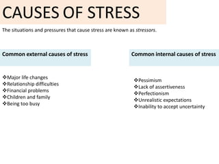 CAUSES OF STRESS
The situations and pressures that cause stress are known as stressors.
Common external causes of stress Common internal causes of stress
Major life changes
Relationship difficulties
Financial problems
Children and family
Being too busy
Pessimism
Lack of assertiveness
Perfectionism
Unrealistic expectations
Inability to accept uncertainty
 