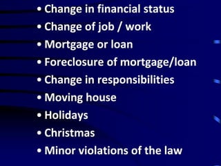 • Change in financial status
• Change of job / work
• Mortgage or loan
• Foreclosure of mortgage/loan
• Change in responsibilities
• Moving house
• Holidays
• Christmas
• Minor violations of the law
 