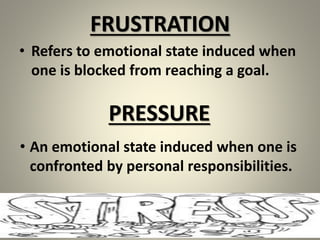 FRUSTRATION
• Refers to emotional state induced when
one is blocked from reaching a goal.
PRESSURE
• An emotional state induced when one is
confronted by personal responsibilities.
 
