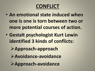 CONFLICT
• An emotional state induced when
one is one is torn between two or
more potential courses of action.
• Gestalt psychologist Kurt Lewin
identified 3 kinds of conflicts:
Approach-approach
Avoidance-avoidance
Approach-avoidance
 