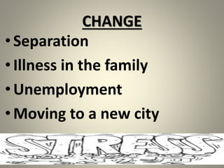 CHANGE
•Separation
•Illness in the family
•Unemployment
•Moving to a new city
 