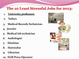 The 10 Least Stressful Jobs for 2013:
1. University professors
2. Tailors
3. Medical Records Technician
4. Jeweler
5. Medical lab technician
6. Audiologist
7. Dietitian
8. Hairstylist
9. Librarian
10. Drill Press Operator
 