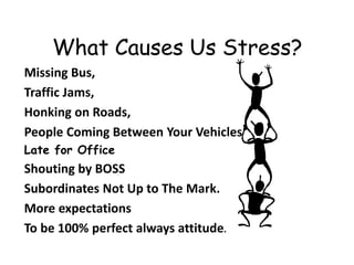 What Causes Us Stress?
Missing Bus,
Traffic Jams,
Honking on Roads,
People Coming Between Your Vehicles
Late for Office
Shouting by BOSS
Subordinates Not Up to The Mark.
More expectations
To be 100% perfect always attitude.
 