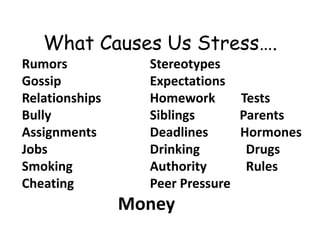 What Causes Us Stress….
Rumors Stereotypes
Gossip Expectations
Relationships Homework Tests
Bully Siblings Parents
Assignments Deadlines Hormones
Jobs Drinking Drugs
Smoking Authority Rules
Cheating Peer Pressure
Money
 