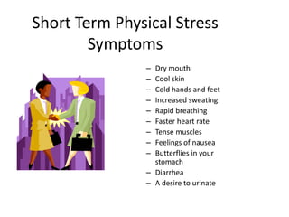 Short Term Physical Stress
Symptoms
– Dry mouth
– Cool skin
– Cold hands and feet
– Increased sweating
– Rapid breathing
– Faster heart rate
– Tense muscles
– Feelings of nausea
– Butterflies in your
stomach
– Diarrhea
– A desire to urinate
 