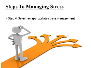  Step 4: Select an appropriate stress management
strategy and apply it.
Steps To Managing Stress
 