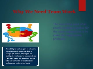 Why We Need Team Work
The overriding need of all
people working together for
the same organization is to
make the organiza...