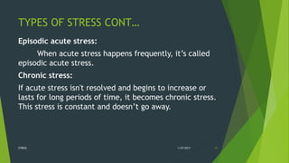 TYPES OF STRESS CONT…
Episodic acute stress:
When acute stress happens frequently, it’s called
episodic acute stress.
Chronic stress:
If acute stress isn't resolved and begins to increase or
lasts for long periods of time, it becomes chronic stress.
This stress is constant and doesn’t go away.
1/27/2017STRESS 11
 