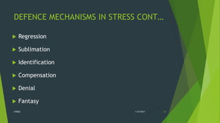DEFENCE MECHANISMS IN STRESS CONT…
 Regression
 Sublimation
 Identification
 Compensation
 Denial
 Fantasy
1/27/2017STRESS 33
 