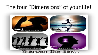 The Seven Habits – A way to be a better YOU #WikiCourses
The four “Dimensions” of your life!
•Body
•Soul
•Relationships
•Mind
 