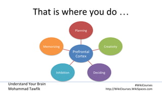 Understand Your Brain
Mohammad Tawfik
#WikiCourses
http://WikiClourses.WikiSpaces.com
That is where you do …
Prefrontal
Cortex
Planning
Creativity
DecidingInhibition
Memorizing
 