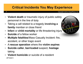 Copyright © 2013, PowerPhone, Inc.
Critical Incidents You May Experience
•  Violent death or traumatic injury of public sa...