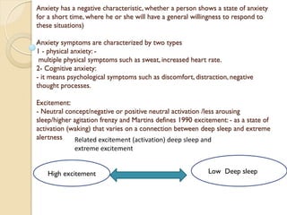Anxiety has a negative characteristic, whether a person shows a state of anxiety
for a short time, where he or she will have a general willingness to respond to
these situations)
Anxiety symptoms are characterized by two types
1 - physical anxiety: -
multiple physical symptoms such as sweat, increased heart rate.
2- Cognitive anxiety:
- it means psychological symptoms such as discomfort, distraction, negative
thought processes.
Excitement:
- Neutral concept/negative or positive neutral activation /less arousing
sleep/higher agitation frenzy and Martins defines 1990 excitement: - as a state of
activation (waking) that varies on a connection between deep sleep and extreme
alertness
Low Deep sleep
High excitement
Related excitement (activation) deep sleep and
extreme excitement
 