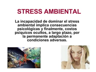 STRESS AMBIENTAL La incapacidad de dominar el stress ambiental implica consecuencias psicológicas y finalmente, costos psíquicos ocultos, a largo plazo, por la permanente adaptación a condiciones adversas. 