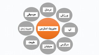 ‫استرس‬ ‫مدیریت‬
‫درمان‬
‫ورزش‬
‫آب‬
‫سرگرمی‬
‫مدیتیشن‬
‫طبیعت‬
‫زمان‬ ‫مدیریت‬
‫موسیقی‬
 