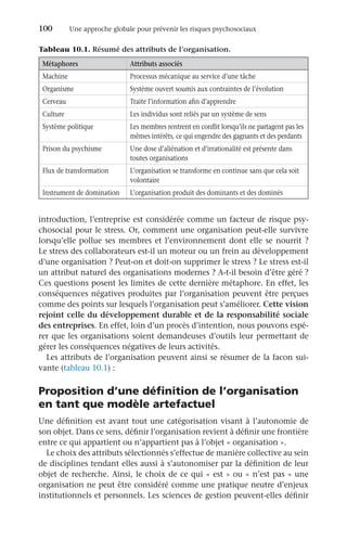 100	 Une approche globale pour prévenir les risques psychosociaux
introduction, l’entreprise est considérée comme un facteur de risque psy-
chosocial pour le stress. Or, comment une organisation peut-elle survivre
lorsqu’elle pollue ses membres et l’environnement dont elle se nourrit ?
Le stress des collaborateurs est-il un moteur ou un frein au développement
d’une organisation ? Peut-on et doit-on supprimer le stress ? Le stress est-il
un attribut naturel des organisations modernes ? A-t-il besoin d’être géré ?
Ces questions posent les limites de cette dernière métaphore. En effet, les
conséquences négatives produites par l’organisation peuvent être perçues
comme des points sur lesquels l’organisation peut s’améliorer. Cette vision
rejoint celle du développement durable et de la responsabilité sociale
des entreprises. En effet, loin d’un procès d’intention, nous pouvons espé-
rer que les organisations soient demandeuses d’outils leur permettant de
gérer les conséquences négatives de leurs activités.
Les attributs de l’organisation peuvent ainsi se résumer de la facon sui-
vante (tableau 10.1) :
Proposition d’une définition de l’organisation
en tant que modèle artefactuel
Une définition est avant tout une catégorisation visant à l’autonomie de
son objet. Dans ce sens, définir l’organisation revient à définir une frontière
entre ce qui appartient ou n’appartient pas à l’objet « organisation ».
Le choix des attributs sélectionnés s’effectue de manière collective au sein
de disciplines tendant elles aussi à s’autonomiser par la définition de leur
objet de recherche. Ainsi, le choix de ce qui « est » ou « n’est pas » une
organisation ne peut être considéré comme une pratique neutre d’enjeux
institutionnels et personnels. Les sciences de gestion peuvent-elles définir
Tableau 10.1. Résumé des attributs de l’organisation.
Métaphores Attributs associés
Machine Processus mécanique au service d’une tâche
Organisme Système ouvert soumis aux contraintes de l’évolution
Cerveau Traite l’information afin d’apprendre
Culture Les individus sont reliés par un système de sens
Système politique Les membres rentrent en conflit lorsqu’ils ne partagent pas les
mêmes intérêts, ce qui engendre des gagnants et des perdants
Prison du psychisme Une dose d’aliénation et d’irrationalité est présente dans
toutes organisations
Flux de transformation L’organisation se transforme en continue sans que cela soit
volontaire
Instrument de domination L’organisation produit des dominants et des dominés
 