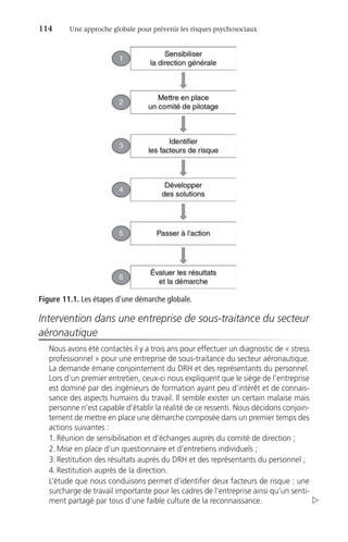114	 Une approche globale pour prévenir les risques psychosociaux
Intervention dans une entreprise de sous-traitance du secteur
aéronautique
Nous avons été contactés il y a trois ans pour effectuer un diagnostic de « stress
professionnel » pour une entreprise de sous-traitance du secteur aéronautique.
La demande émane conjointement du DRH et des représentants du personnel.
Lors d’un premier entretien, ceux-ci nous expliquent que le siège de l’entreprise
est dominé par des ingénieurs de formation ayant peu d’intérêt et de connais-
sance des aspects humains du travail. Il semble exister un certain malaise mais
personne n’est capable d’établir la réalité de ce ressenti. Nous décidons conjoin-
tement de mettre en place une démarche composée dans un premier temps des
actions suivantes :
1.	Réunion de sensibilisation et d’échanges auprès du comité de direction ;
2.	Mise en place d’un questionnaire et d’entretiens individuels ;
3.	Restitution des résultats auprès du DRH et des représentants du personnel ;
4.	Restitution auprès de la direction.
L’étude que nous conduisons permet d’identifier deux facteurs de risque : une
surcharge de travail importante pour les cadres de l’entreprise ainsi qu’un senti-
ment partagé par tous d’une faible culture de la reconnaissance. 
Figure 11.1. Les étapes d’une démarche globale.
 