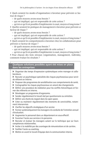 De la philosophie à l’action : les six étapes d’une démarche efficace	 127
•	 Quels seraient les modes d’organisation à favoriser pour prévenir ce fac-
teur de risque ?
–	 de quels moyens avons-nous besoin ?
–	 qui est impliqué, qui est responsable de cette action ?
–	 qu’est-ce qu’il est possible d’implémenter à court, moyen et long terme ?
•	 Quelles seraient les pratiques de management à favoriser pour prévenir ce
facteur de risque ?
–	 de quels moyens avons-nous besoin ?
–	 qui est impliqué, qui est responsable de cette action ?
–	 qu’est-ce qu’il est possible d’implémenter à court, moyen et long terme ?
•	 Quels seraient les comportements à favoriser chez les collaborateurs pour
prévenir ce facteur de risque ?
–	 de quels moyens avons-nous besoin ?
–	 qui est impliqué, qui est responsable de cette action ?
–	 qu’est-ce qu’il est possible d’implémenter à court, moyen et long terme ?
•	 Pour chacun des trois niveaux (organisation, management, individu),
comment évaluer les résultats ?
Quelques solutions possibles ayant été mises en place
dans les entreprises
v	 Organiser des temps d’expression systématiques entre manager et colla-
borateurs.
v	 Recruter un psychologue spécialiste des risques psychosociaux pour servir
de référent en interne.
v	 Proposer des programmes de sensibilisation aux comportements de santé.
v	 Cartographier les risques psychosociaux en amont des changements.
v	 Définir une procédure de médiation pour les conflits hiérarchiques et for-
mer des référents en interne.
v	 Développer un programme d’ergonomie.
v	 Sonder régulièrement le travail réel par questionnaire ou entretien.
v	 Définir une charte du respect dans les open space.
v	 Créer ou maintenir régulièrement des moments de convivialités, notam-
ment interservices
v	 Clarifier les objectifs stratégiques d’un service
v	 Former systématiquement les managers à la conduite de l’entretien annuel
d’évaluation.
v	 Augmenter le personnel dans un département en sous-effectif.
v	 Favoriser l’accès aux services à la personne.
v	Recruter et évaluer les managers autant sur la technique que sur leurs
compétences relationnelles.
v	 Inciter à la mobilité par des avantages de rémunérations et de carrière.
v	 Faciliter l’accès au coaching.
v	 Mettre en avant le travail d’équipe dans la communication interne.
 