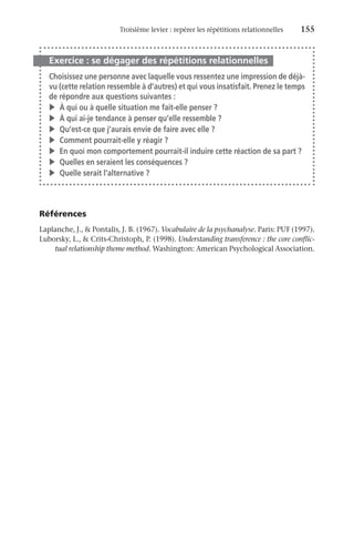Troisième levier : repérer les répétitions relationnelles	 155
Exercice : se dégager des répétitions relationnelles
Choisissez une personne avec laquelle vous ressentez une impression de déjà-
vu (cette relation ressemble à d’autres) et qui vous insatisfait. Prenez le temps
de répondre aux questions suivantes :
v	 À qui ou à quelle situation me fait-elle penser ?
v	 À qui ai-je tendance à penser qu’elle ressemble ?
v	 Qu’est-ce que j’aurais envie de faire avec elle ?
v	 Comment pourrait-elle y réagir ?
v	 En quoi mon comportement pourrait-il induire cette réaction de sa part ?
v	 Quelles en seraient les conséquences ?
v	 Quelle serait l’alternative ?
Références
Laplanche, J.,  Pontalis, J. B. (1967). Vocabulaire de la psychanalyse. Paris: PUF (1997).
Luborsky, L.,  Crits-Christoph, P. (1998). Understanding transference : the core conflic-
tual relationship theme method. Washington: American Psychological Association.
 