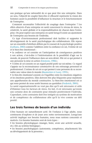 32	 Comprendre le stress et les risques psychosociaux
une pratique qu’une rationalité de ce que peut être une entreprise. Dans
un sens, l’objectif de coupler bien-être et efficacité représente la vision des
hommes ayant la possibilité d’influencer la structure et le fonctionnement
de l’entreprise.
Comment reconnaître l’effectivité de couplage dans l’entreprise  ? Les
effets observés d’une entreprise en santé concernent le niveau de stress, la
créativité, la santé globale et la responsabilisation de chacun dans l’entre-
prise. On peut repérer une entreprise en santé lorsqu’il existe un ajustement
de l’entreprise aux besoins de l’individu.
Ce type d’environnement professionnel doit faciliter et supporter le
développement de la santé psychologique des collaborateurs. Elle repose
sur un ensemble d’attributs définis par le courant de la psychologie positive
(Luthans, 2002) comme l’addition entre la confiance en soi, l’estime de soi
et le bien-être émotionnel :
•	 la confiance en soi consiste en l’anticipation de conséquences positives
à son action, c’est-à-dire à l’intériorisation de la possibilité d’agir sur le
monde, de pouvoir l’influencer dans un sens désiré. Elle est ce qui permet à
une personne la mise en action (Emmons, 1986) ;
•	 l’estime de soi consiste en un regard positif porté sur soi-même. Ce regard
s’appuie sur la reconnaissance constructive de son entourage personnel et
professionnel. L’estime de soi est ce qui permet à une personne de se recon-
naître une valeur dans le monde (Baumeister et Leary, 1995) ;
•	 le bien-être émotionnel consiste en l’équilibre entre les émotions négatives
et les émotions positives. Elles doivent être plus fréquentes pour maintenir
une appréhension du monde constructive. Le bien-être émotionnel est ce
qui nous permet de nous sentir heureux au quotidien (Frederick, 2001).
La santé organisationnelle ne veut pas dire qu’il soit nécessaire et utile
d’éliminer tous les facteurs de stress. En fait, il est nécessaire qu’existe
une certaine dose de contrainte pour stimuler positivement l’individu.
Cependant, cette contrainte doit être intégrée au système de motivation
et de compétence du collaborateur afin qu’il la vive comme un défi
positif.
Les trois formes de besoin d’un individu
L’être humain est naturellement actif. De l’enfance à l’âge adulte, nous
continuons d’explorer et de jouer avec notre environnement. Lorsqu’une
activité implique nos besoins humains, nous nous sentons concernés et
motivés. Ces besoins humains sont de trois types :
•	 les besoins physiologiques (manger, boire, avoir une activité sexuelle,
etc.) liés au système biologique ;
•	 les besoins psychologiques (autonomie, compétence, attachement) liés
au développement de la personne ;
 