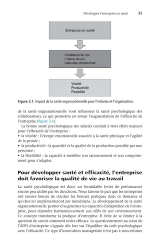 Développer l’entreprise en santé	 35
de la santé organisationnelle vont influencer la santé psychologique des
collaborateurs, ce qui permettra en retour l’augmentation de l’efficacité de
l’entreprise (figure 3.1).
La bonne santé psychologique des salariés conduit à trois effets majeurs
pour l’efficacité de l’entreprise :
•	 la vitalité : l’énergie émotionnelle associée à la santé physique et l’agilité
de la pensée ;
•	 la productivité : la quantité et la qualité de la production possible par une
personne ;
•	 la flexibilité : la capacité à modifier son raisonnement et son comporte-
ment pour s’adapter.
Pour développer santé et efficacité, l’entreprise
doit favoriser la qualité de vie au travail
La santé psychologique est donc un formidable levier de performance
encore peu utilisé par les directions. Nous faisons le pari que les entreprises
ont encore besoin de clarifier les bonnes pratiques dans ce domaine et
qu’elles les implémenteront par mimétisme. Le développement de la santé
organisationnelle permet d’augmenter les capacités d’adaptation de l’entre-
prise, pour répondre harmonieusement aux défis de son environnement.
Ce concept transforme la pratique d’entreprise. Il évite de se limiter à la
question de savoir comment rester efficace. Le questionnement au cœur de
l’ADN d’entreprise s’appuie dès lors sur l’équilibre du coût psychologique
avec l’efficacité. Ce type d’innovation managériale n’est pas à sous-estimer
Figure 3.1. Impact de la santé organisationnelle pour l’individu et l’organisation.
 