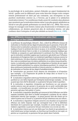 Favoriser et accompagner l’autonomie	 57
la psychologie de la motivation, permet d’aborder un aspect fondamental du
travail : quelles sont les différences pour notre bien-être lorsque notre compor-
tement professionnel est dicté par une contrainte, une récompense ou une
punition (motivation externe) ou, à l’inverse, par le plaisir et la satisfaction
(motivation interne) ? Les nombreuses études ayant été conduites dans plusieurs
pays montrent que la motivation interne mène à une plus grande satisfaction au
travail et une plus grande performance au travail (Bar et al., 2004). Plus encore,
lorsque les managers sont formés à laisser plus d’autonomie et d’initiatives aux
collaborateurs, ces derniers perçoivent plus de motivation interne, ont plus
confiance dans l’entreprise et sont plus satisfaits au travail (Deci et al., 1989).
Les différents niveaux de motivation selon Deci (1975)
et Gagné et Deci (2005)
Le professeur de psychologie, Edward L. Deci, a décrit les différents niveaux de
motivation en fonction de leur degré d’autonomie pour la personne. Il fait la dif-
férence entre la motivation autonome et la motivation contrôlée. Si l’autonomie
implique d’avoir le sentiment de choix (« je peux »), le contrôle implique d’avoir
le sentiment de devoir faire (« je dois »). La motivation autonome implique que
l’individu se comporte en ayant pleinement le sentiment d’un libre choix, alors
que la motivation contrôlée suppose que la personne agit plutôt sous l’influence
de pressions et d’exigences liées à un rendement spécifique et perçues comme lui
étant extérieures. Ces deux situations nécessitent une certaine forme de motiva-
tion, mais ne conduisent pas à la même satisfaction et au même niveau de perfor-
mance. La motivation peut également être catégorisée en fonction de son aspect
interne (intérêt-satisfaction) ou externe (récompense-punition). En croisant ces
deux continuums (autonomie-contrôle et interne-externe), on obtient six formes
de motivation en fonction de leur degré d’autodétermination :
v	l’amotivation qui provient d’une absence de stimulation et d’intention
(par exemple, « J’ai l’impression de perdre du temps dans ce travail »). La
personne évite de faire ;
v	 la motivation à régulation externe qui fonctionne par le contrôle (récompense-
punition) sur une tâche imposée par l’entreprise (externe) (par exemple, « Je fais
ça parce que mon chef le demande »). La personne fait pour éviter la punition ;
v	la motivation à régulation introjectée qui fonctionne sur une pression
sociale externe mais qui permet à la personne de se sentir confortable (par
exemple, « Je travaille pour me sentir valorisé par un chef que j’estime »). La
personne agit pour faire plaisir à l’autre ;
v	 la motivation à régulation identifiée qui concerne le fait d’effectuer une tâche
imposée (contrôle) mais dont la finalité correspond à certaines de ses valeurs
(motivation interne). (par exemple, « Je pense pouvoir faire des choses qui en
valent la peine avec ce travail »). La personne fait par cohérence avec ses valeurs ;
v	 la motivation à régulation intégrée concerne une situation où la personne
effectue une tâche imposée mais qui correspond tout à fait la définition
identitaire de la personne (par exemple, travailler en soirée lorsque l’on est
médecin urgentiste). La personne fait par motivation vis-à-vis de son rôle ;
v	 la motivation interne qui est une tâche que l’on choisit et qui présente un
total intérêt pour soi (par exemple, un chercheur qui travaille sur son sujet, un
peintre sur sa peinture). La personne fait par plaisir dans l’activité.
 