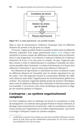90	 Une approche globale pour prévenir les risques psychosociaux
Dans ce type de raisonnement, l’influence réciproque entre les différents
éléments du système n’est pas prise en compte.
À l’inverse, l’approche globale étudie la causalité circulaire entre les différents
éléments explicatifs d’un risque psychosocial (figure  10.1). Celui-ci sera
interprété en tenant compte des différentes interactions entre les éléments.
Dans ce type d’approche, si un élément A influence l’élément B, l’influence
rétroactive de B sur A est aussi prise en compte. De plus, l’approche glo-
bale consiste à éviter le réductionnisme et considérer l’ensemble des inter-
actions possibles dans l’entreprise. La chaîne d’événements A et B peut ainsi
influencer l’événement C qui en retour peut influencer l’élément A.
Une démarche de type linéaire et rationaliste du stress a tendance à isoler
les différents éléments de l’ensemble pour les étudier séparément les uns
des autres. Une telle approche favorise la connaissance détaillée des diffé-
rents éléments mais limite l’appréhension du fonctionnement global d’un
système1. Par contraste, l’approche globale permet de montrer l’interdépen-
dance entre les différents éléments afin d’identifier le fonctionnement dans
son ensemble. C’est à travers cette vision synthétique que peuvent se déga-
ger des solutions globales et intégrées.
L’entreprise : un système organisationnel
complexe
Les liens complexes entre les méthodes de travail, le recrutement, le style
de management ; les relations entre groupes formels et réseaux informels, le
décalage entre travail prescrit et travail réel ; enfin les incohérences entre les
valeurs portées par l’organisation et la réalité comportementale : tout invite
à envisager l’entreprise comme un système complexe.
Figure 10.1. Le risque psychosocial : une causalité circulaire.
1.	 La définition courante d’un système est celle d’un ensemble d’éléments en inter-
action de telle façon qu’une modification quelconque de l’un d’eux entraîne
une modification de tous les autres.
 