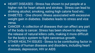 ● HEART DISEASES - Stress has shown to put people at a
higher risk for heart attack and strokes. Stress can lead to
drinking alcohol, smoking, eating high calorie food etc.
● DIABETES - One chronic illness associated with excessive
weight gain in diabetes. Diabetes leads to stress and vice
versa.
● CANCER - A collection of diseases that can affect any part
of the body is cancer. Stress has been shown to depress
the release of natural killers cells, making it more difficult
for the body's system to fight cancerous growth.
● OTHER HEALTH ISSUES - Stress to be contributing factor in
a variety of human diseases and disorders, including heart
diseases, depression, HIV or AIDS
 